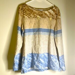 Christopher & Banks long sleeve size Large beach design tan blue white cotton